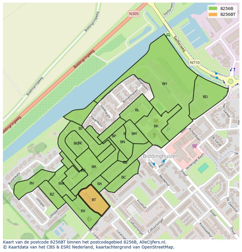 Afbeelding van het postcodegebied 8256 BT op de kaart.