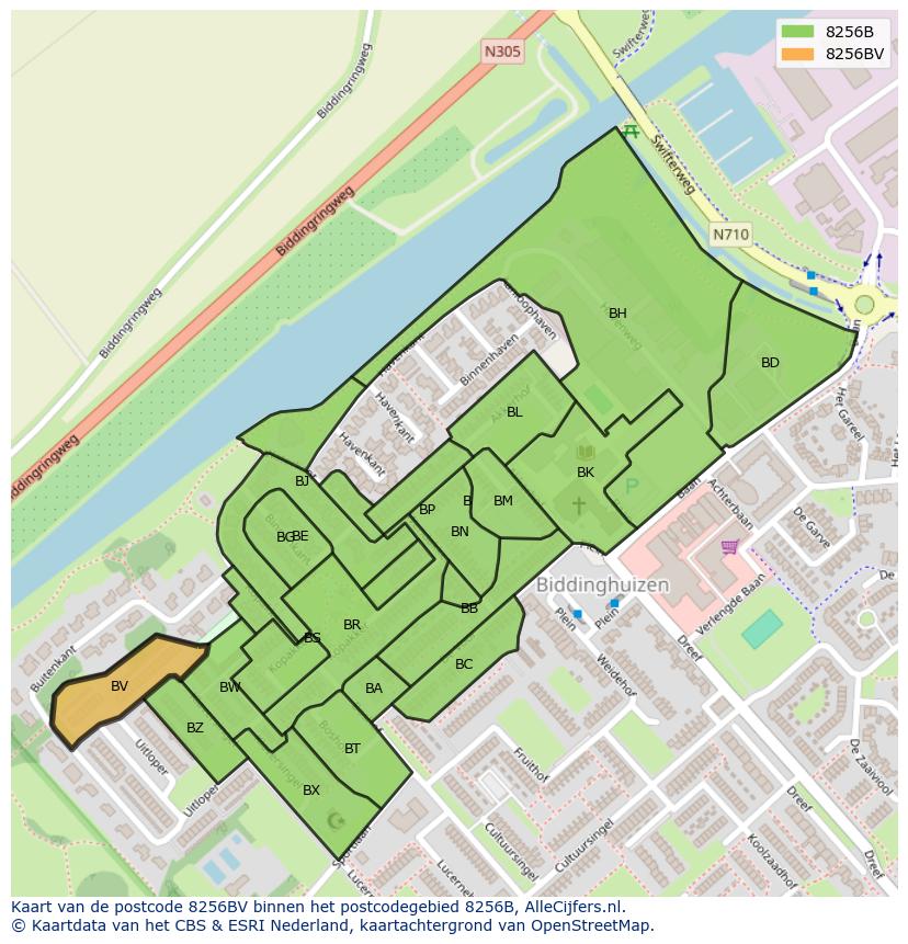 Afbeelding van het postcodegebied 8256 BV op de kaart.