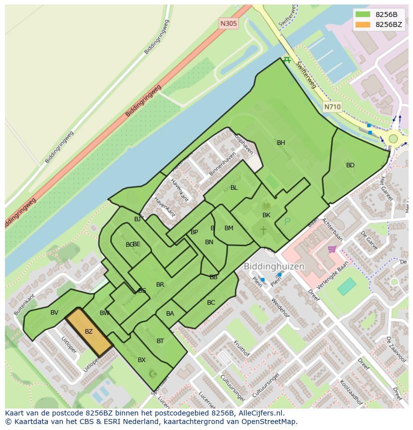Afbeelding van het postcodegebied 8256 BZ op de kaart.