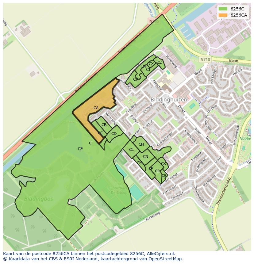 Afbeelding van het postcodegebied 8256 CA op de kaart.