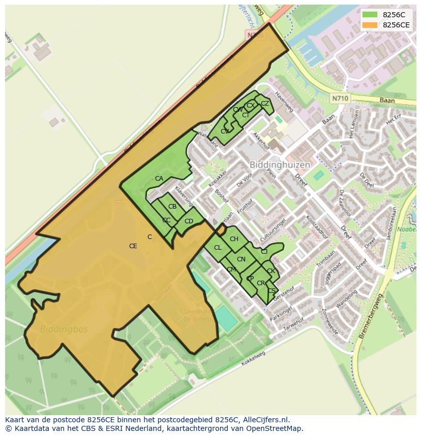 Afbeelding van het postcodegebied 8256 CE op de kaart.