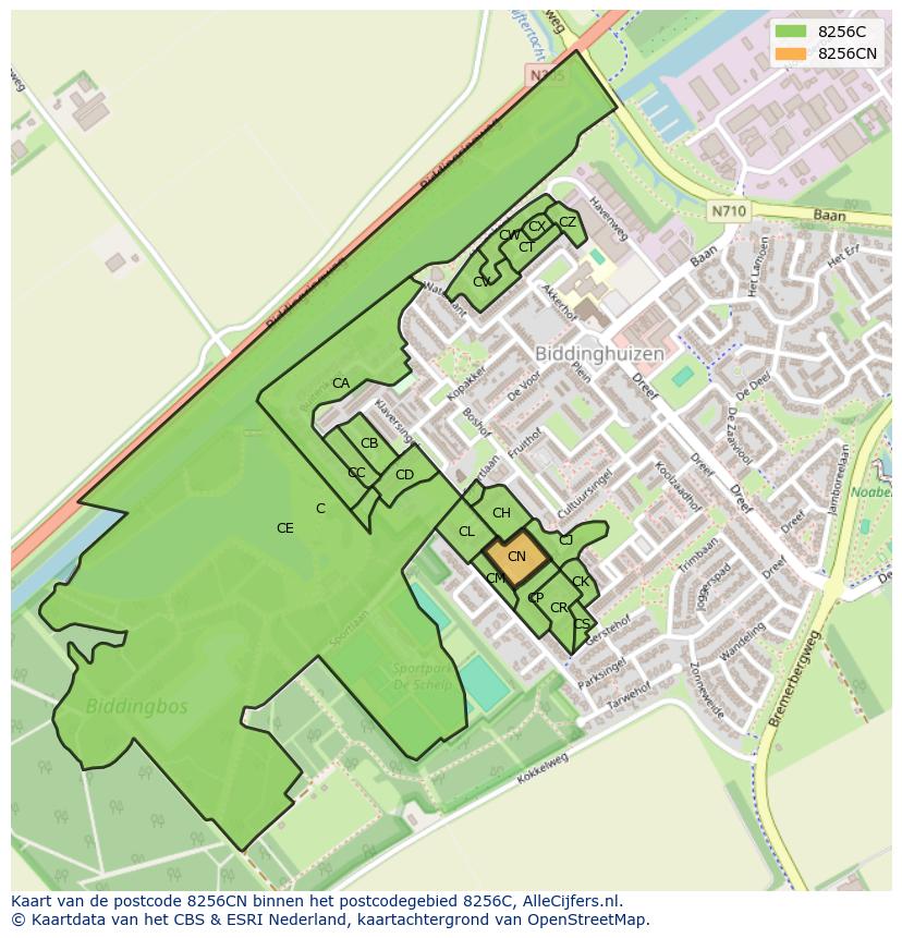 Afbeelding van het postcodegebied 8256 CN op de kaart.