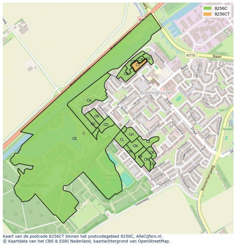 Afbeelding van het postcodegebied 8256 CT op de kaart.