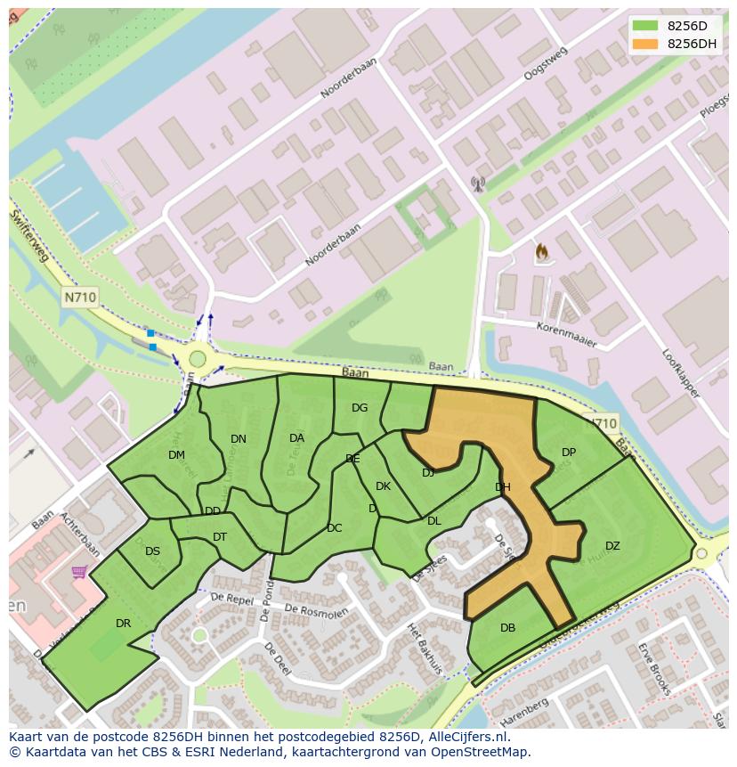 Afbeelding van het postcodegebied 8256 DH op de kaart.