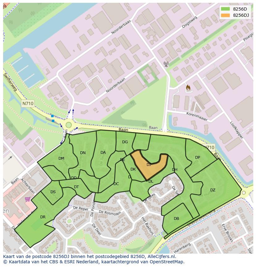 Afbeelding van het postcodegebied 8256 DJ op de kaart.