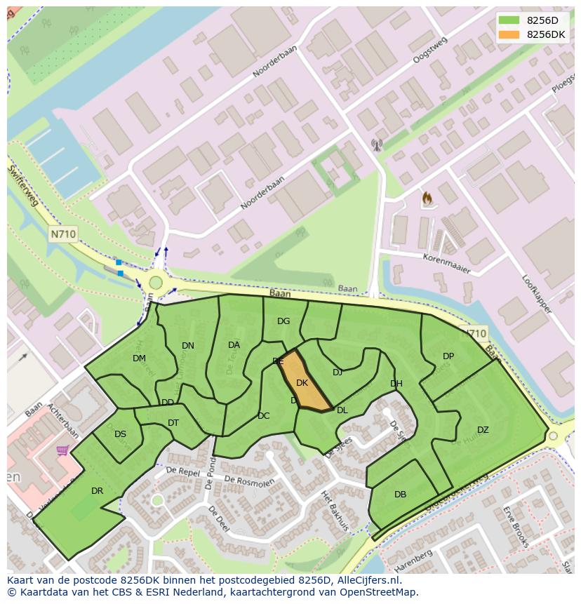 Afbeelding van het postcodegebied 8256 DK op de kaart.