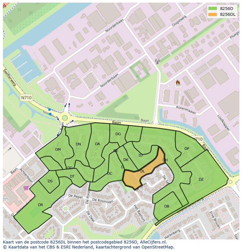 Afbeelding van het postcodegebied 8256 DL op de kaart.