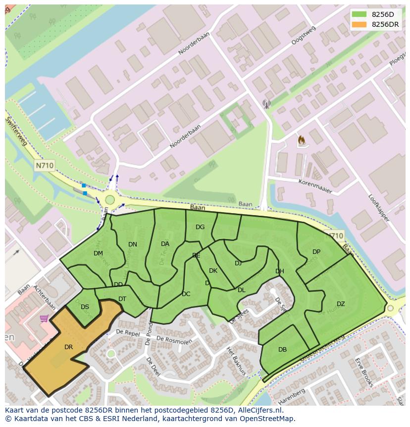Afbeelding van het postcodegebied 8256 DR op de kaart.