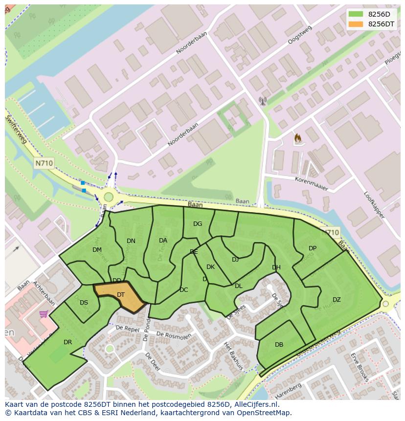 Afbeelding van het postcodegebied 8256 DT op de kaart.