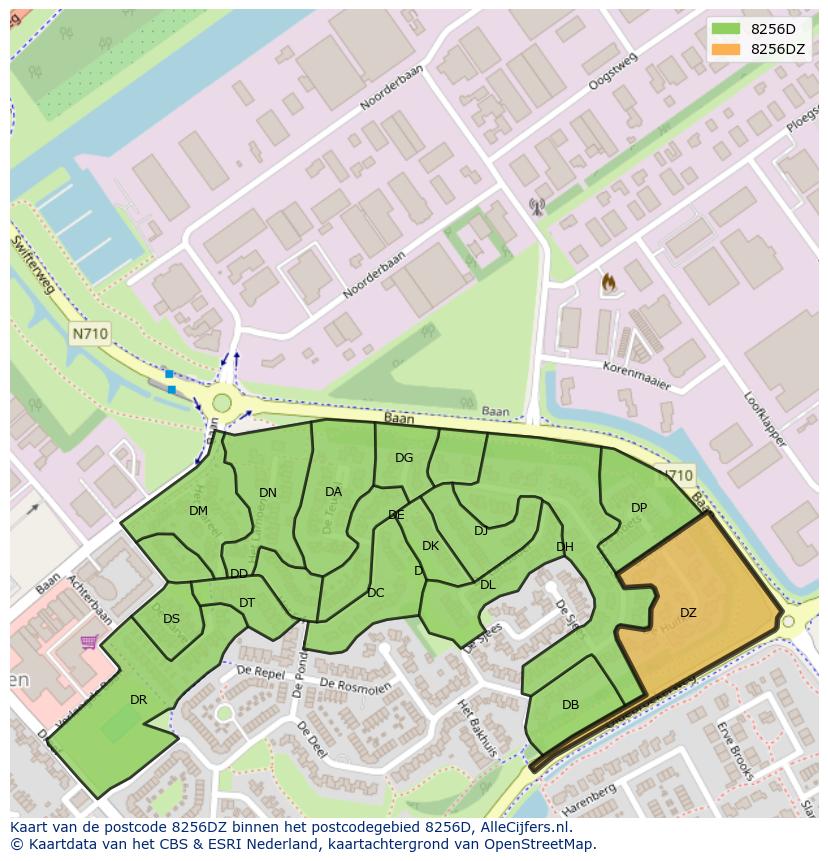 Afbeelding van het postcodegebied 8256 DZ op de kaart.
