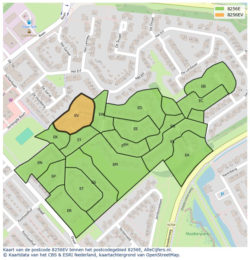 Afbeelding van het postcodegebied 8256 EV op de kaart.