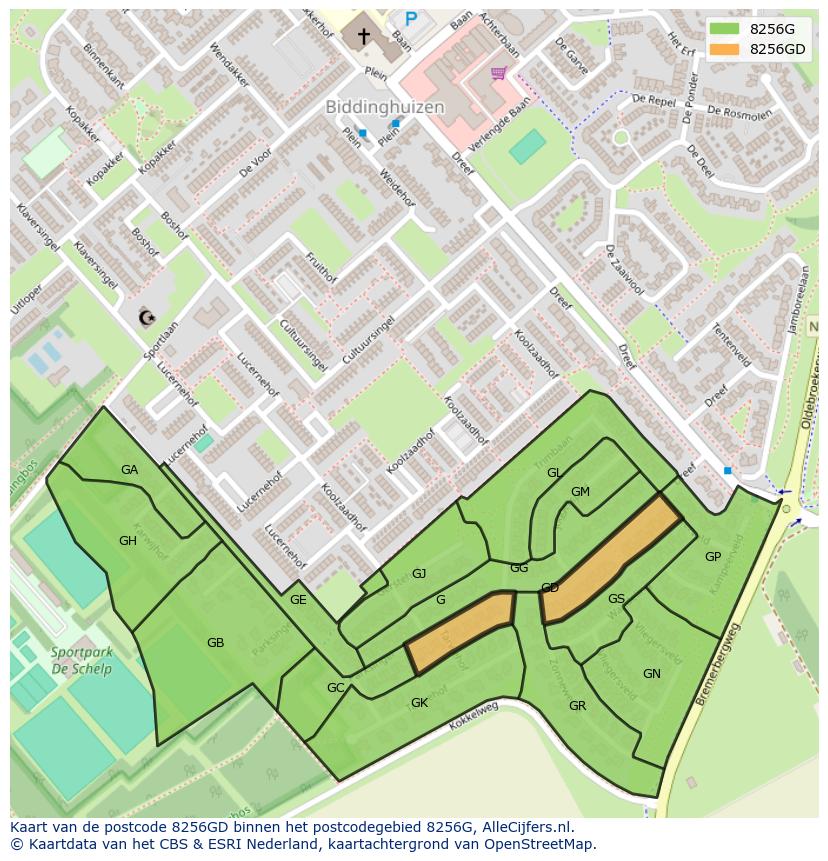 Afbeelding van het postcodegebied 8256 GD op de kaart.