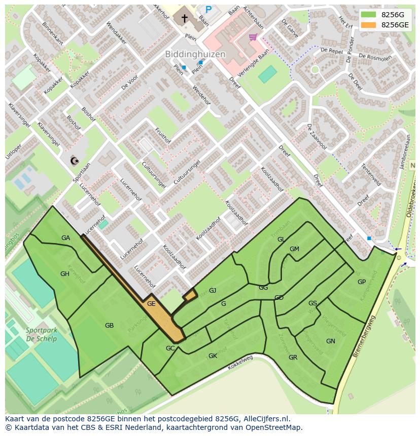 Afbeelding van het postcodegebied 8256 GE op de kaart.