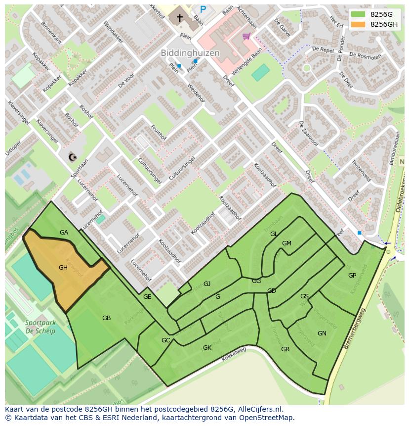 Afbeelding van het postcodegebied 8256 GH op de kaart.