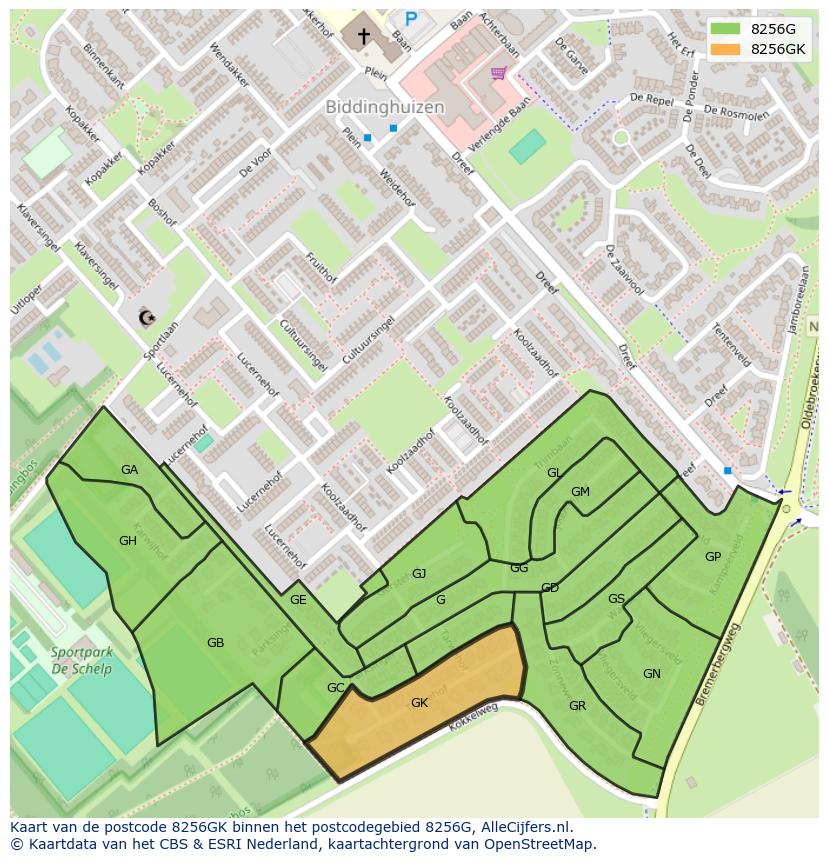Afbeelding van het postcodegebied 8256 GK op de kaart.