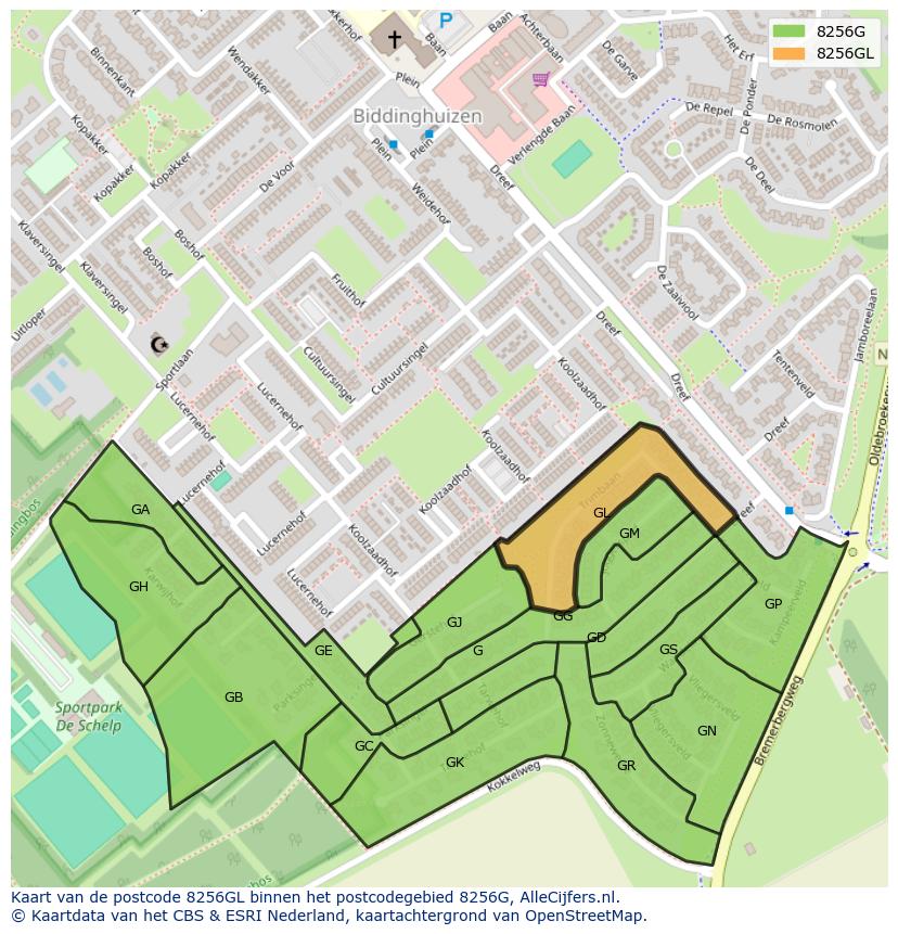 Afbeelding van het postcodegebied 8256 GL op de kaart.