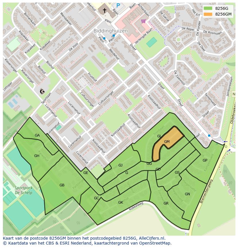 Afbeelding van het postcodegebied 8256 GM op de kaart.