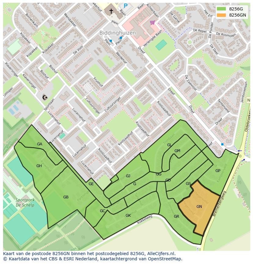 Afbeelding van het postcodegebied 8256 GN op de kaart.