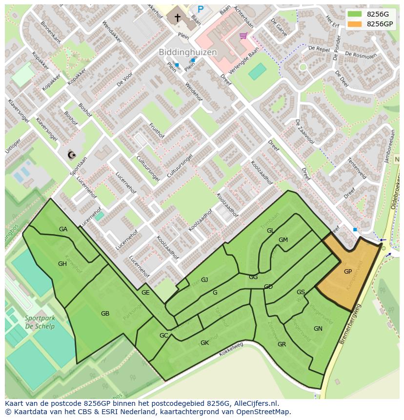 Afbeelding van het postcodegebied 8256 GP op de kaart.