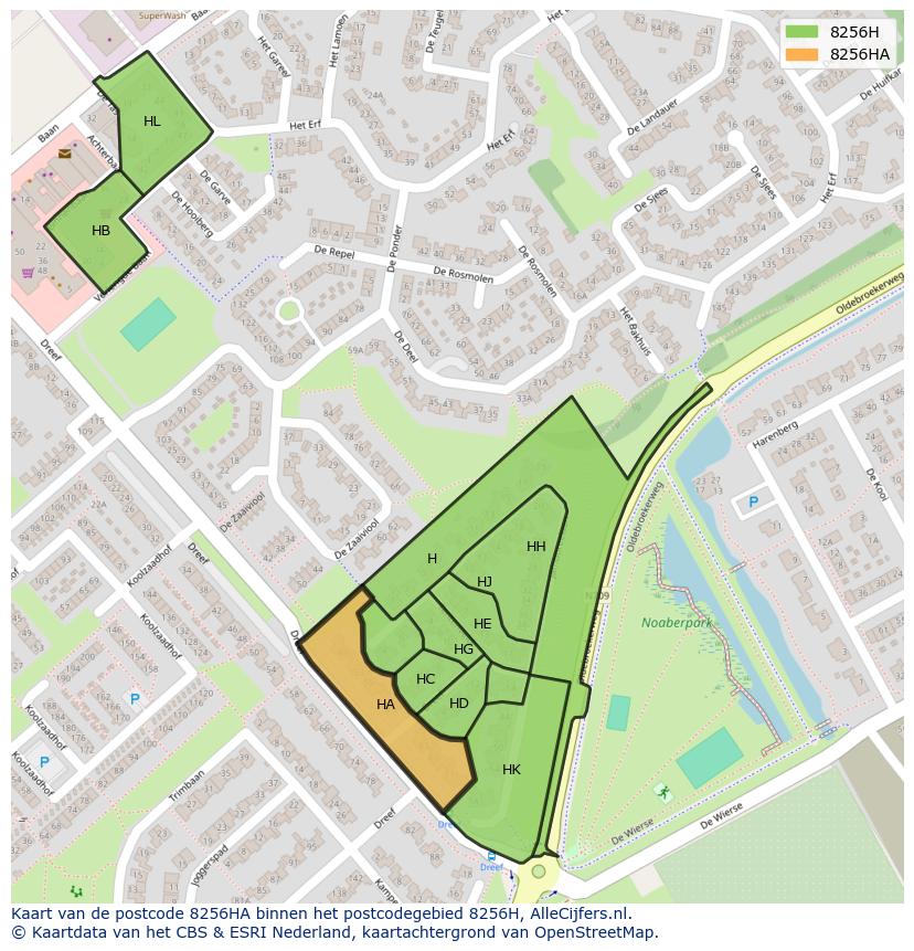Afbeelding van het postcodegebied 8256 HA op de kaart.