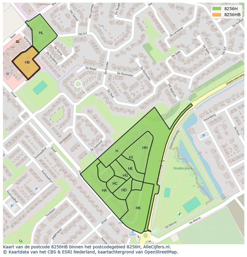 Afbeelding van het postcodegebied 8256 HB op de kaart.