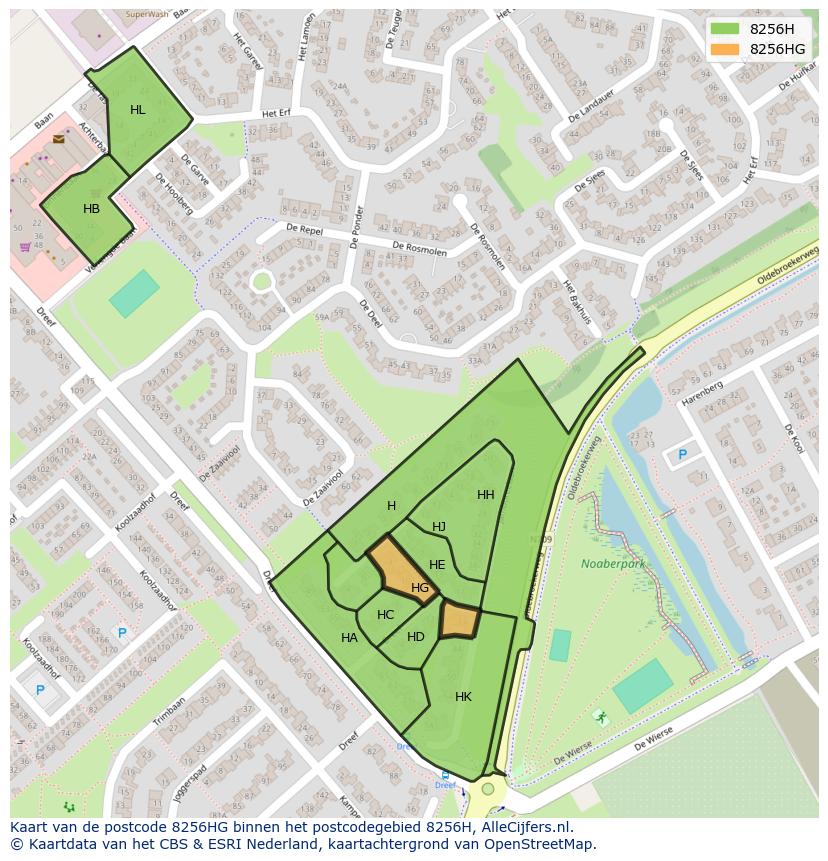 Afbeelding van het postcodegebied 8256 HG op de kaart.