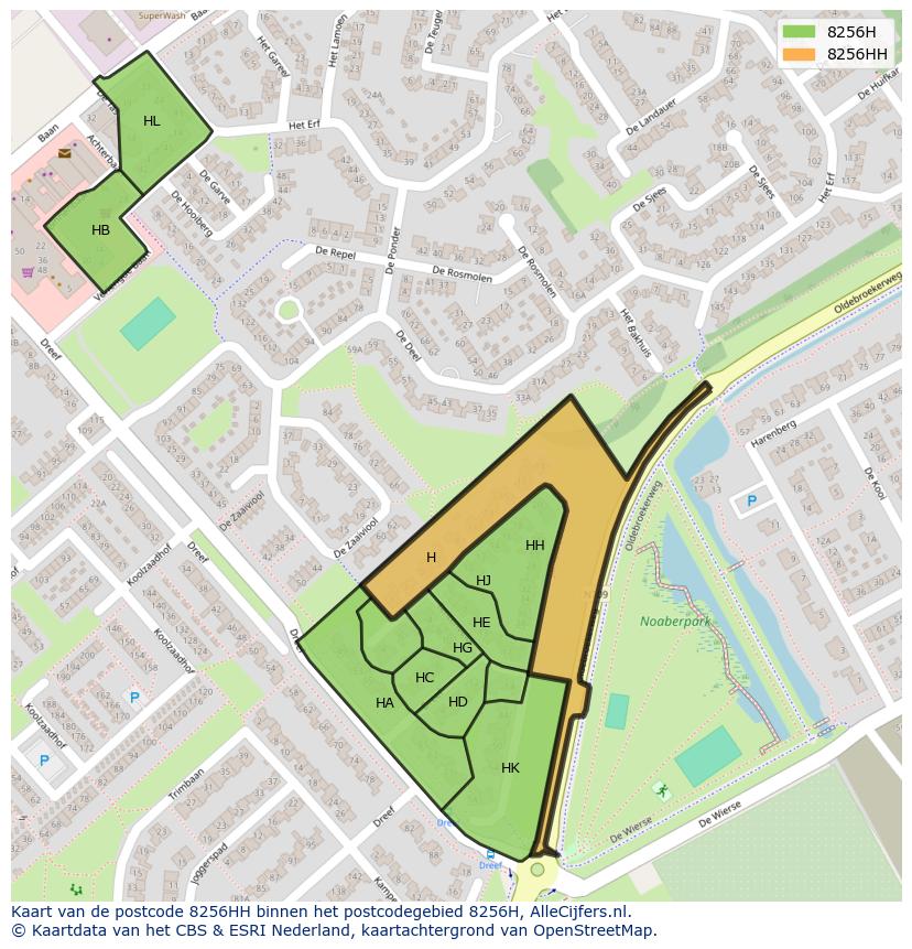 Afbeelding van het postcodegebied 8256 HH op de kaart.