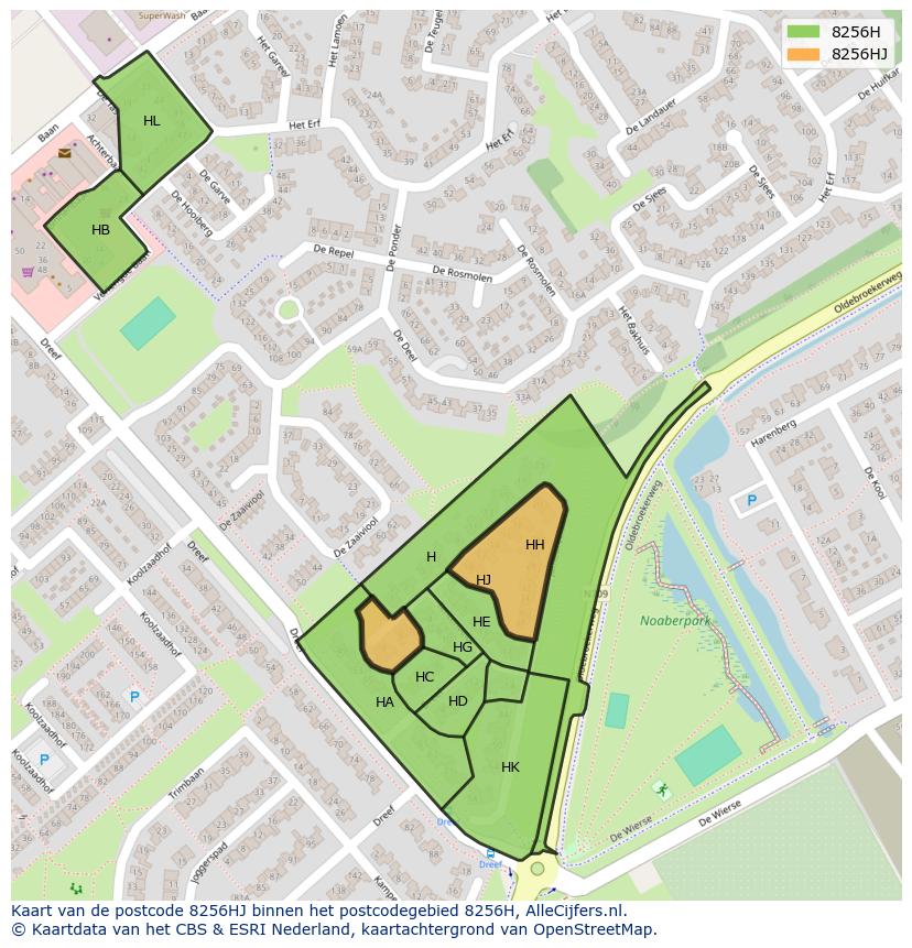 Afbeelding van het postcodegebied 8256 HJ op de kaart.