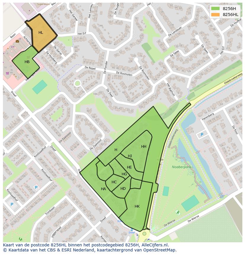 Afbeelding van het postcodegebied 8256 HL op de kaart.