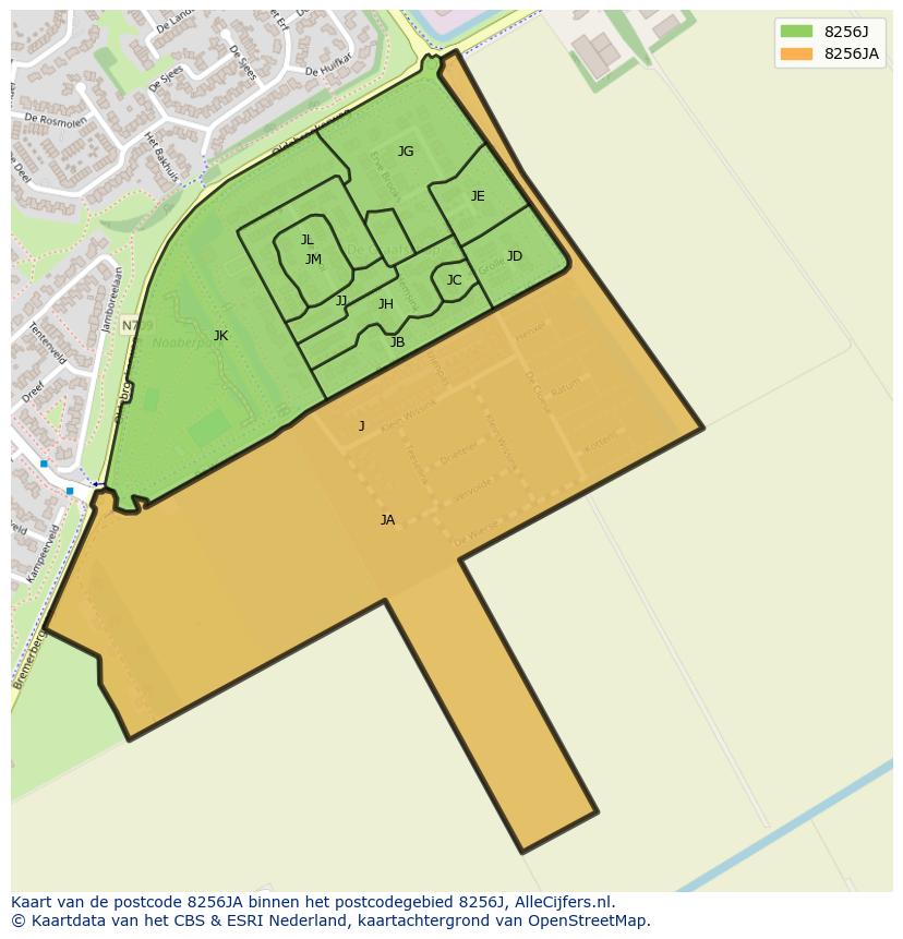 Afbeelding van het postcodegebied 8256 JA op de kaart.