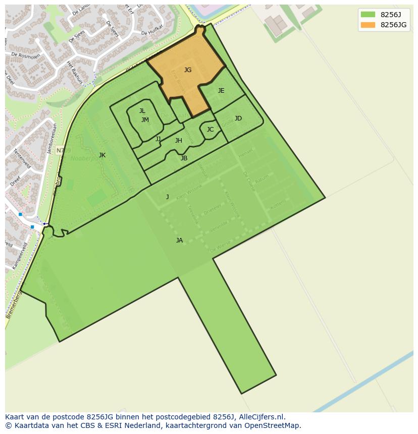 Afbeelding van het postcodegebied 8256 JG op de kaart.