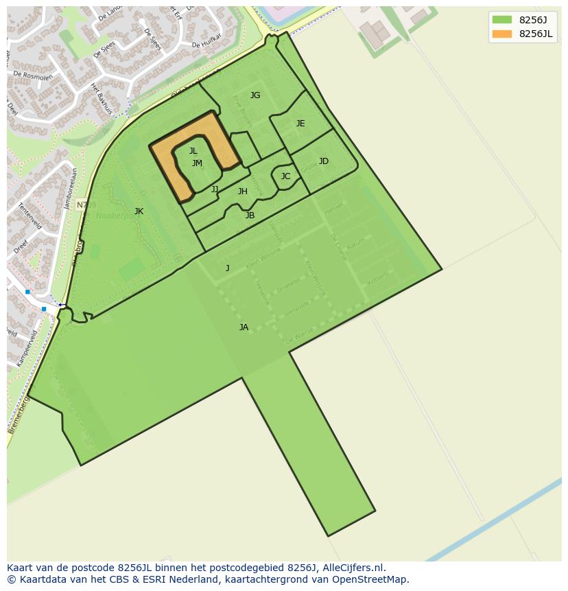 Afbeelding van het postcodegebied 8256 JL op de kaart.