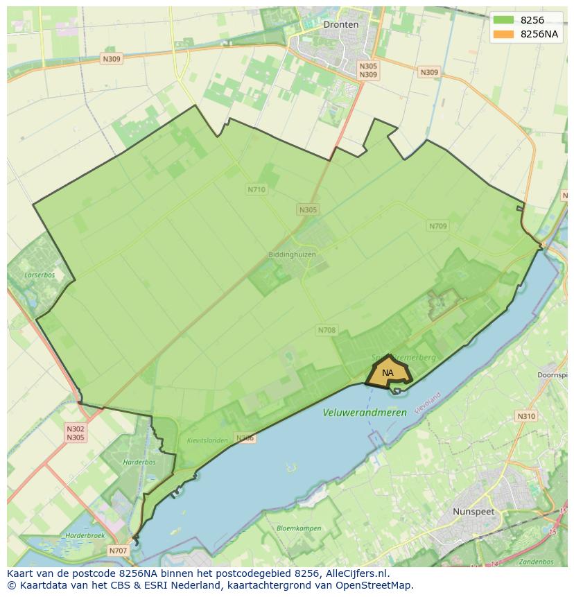 Afbeelding van het postcodegebied 8256 NA op de kaart.