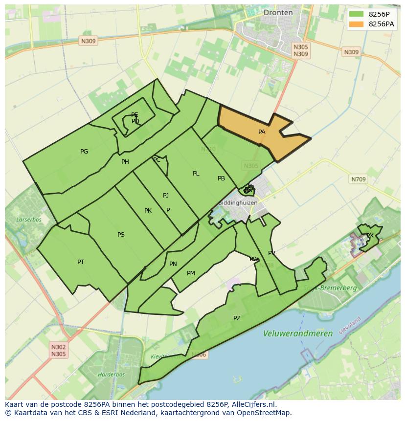 Afbeelding van het postcodegebied 8256 PA op de kaart.