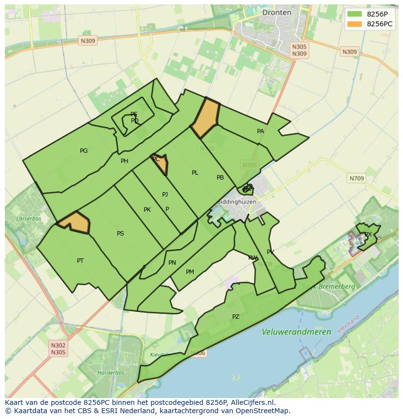 Afbeelding van het postcodegebied 8256 PC op de kaart.