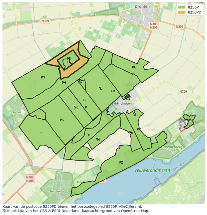 Afbeelding van het postcodegebied 8256 PD op de kaart.