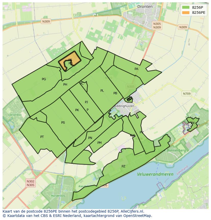 Afbeelding van het postcodegebied 8256 PE op de kaart.