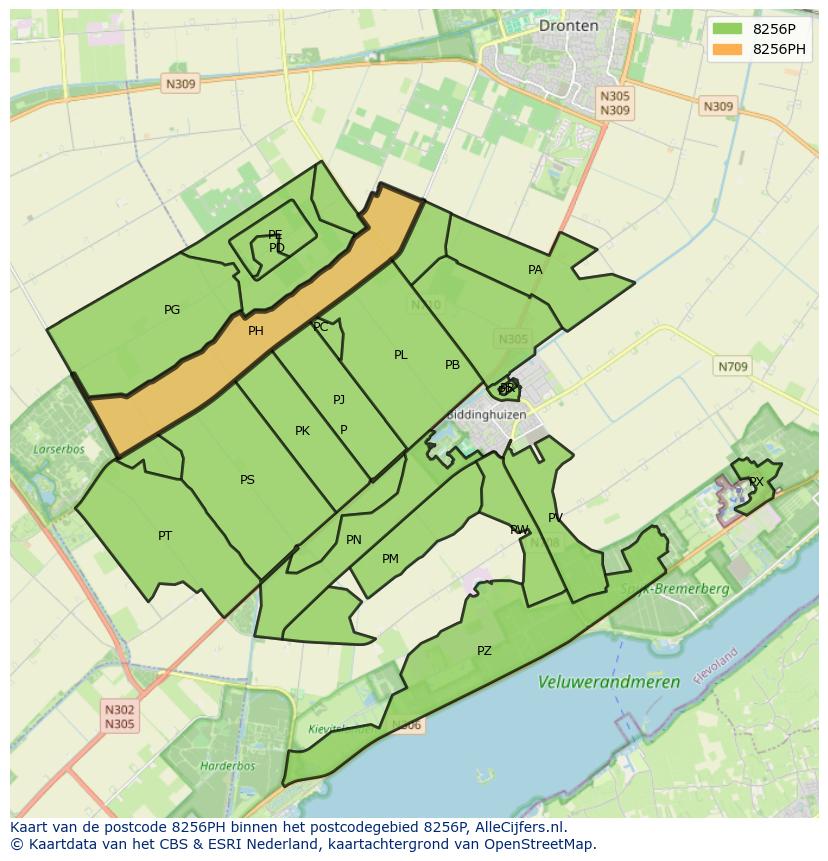 Afbeelding van het postcodegebied 8256 PH op de kaart.