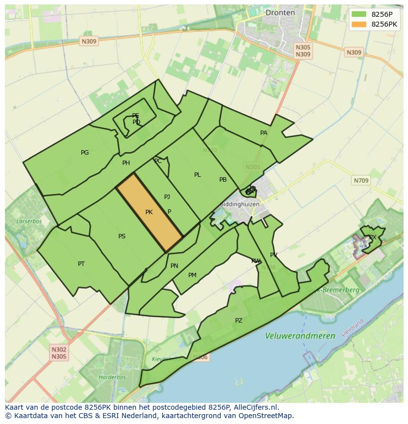 Afbeelding van het postcodegebied 8256 PK op de kaart.