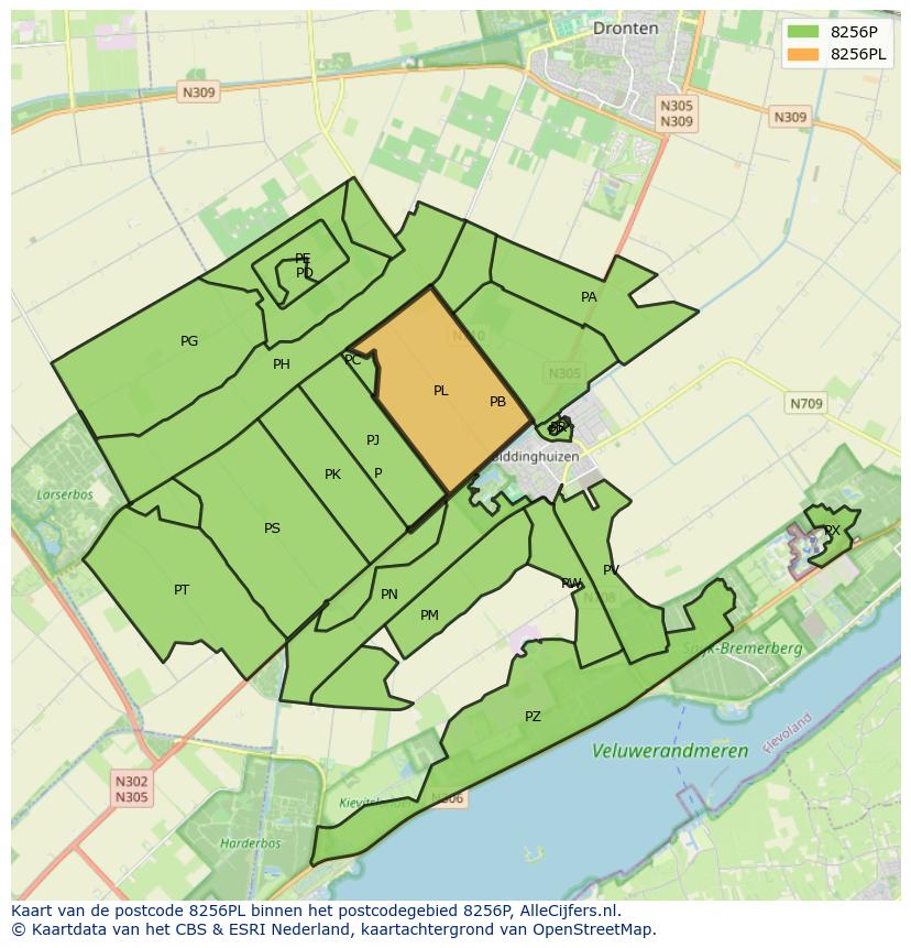 Afbeelding van het postcodegebied 8256 PL op de kaart.