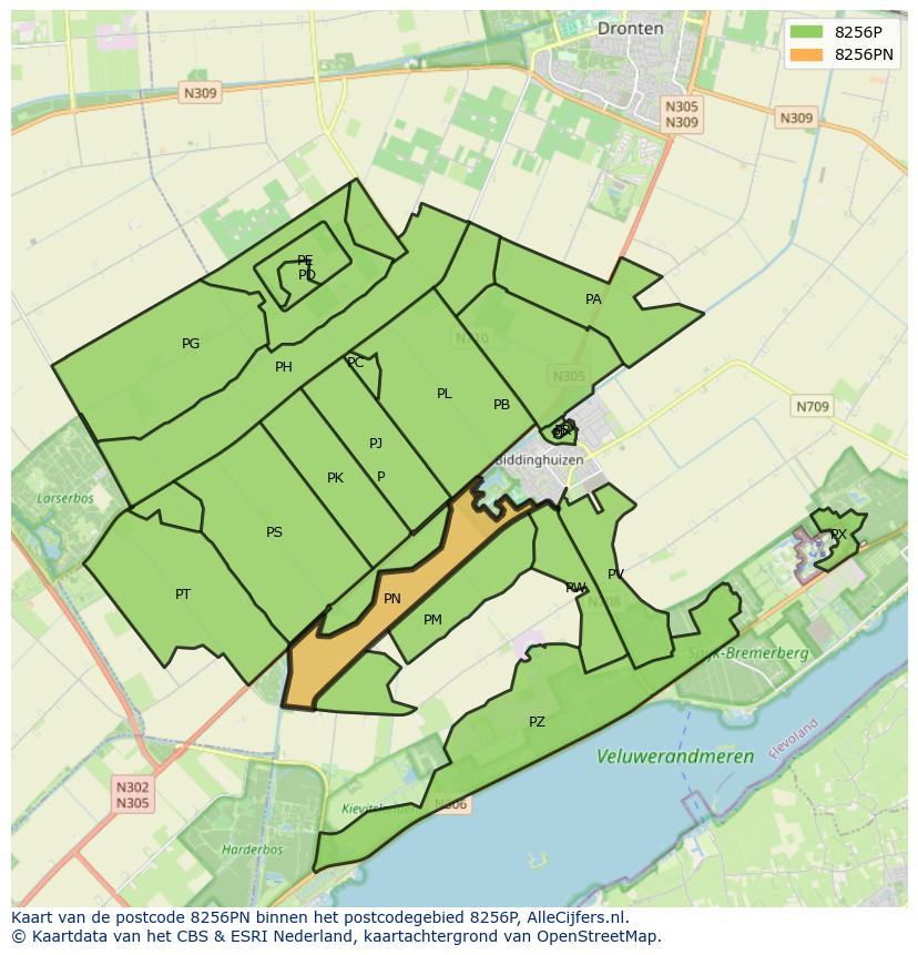 Afbeelding van het postcodegebied 8256 PN op de kaart.