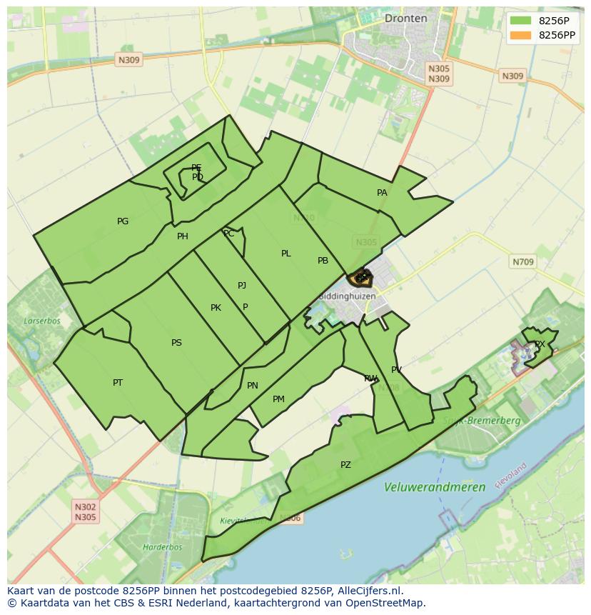 Afbeelding van het postcodegebied 8256 PP op de kaart.