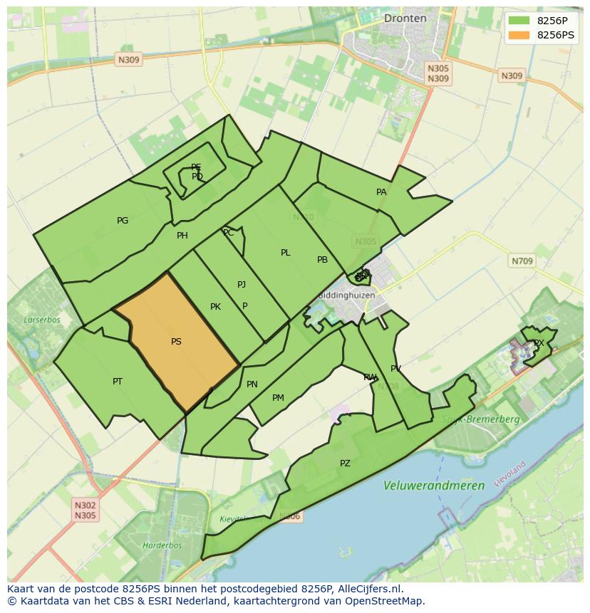 Afbeelding van het postcodegebied 8256 PS op de kaart.
