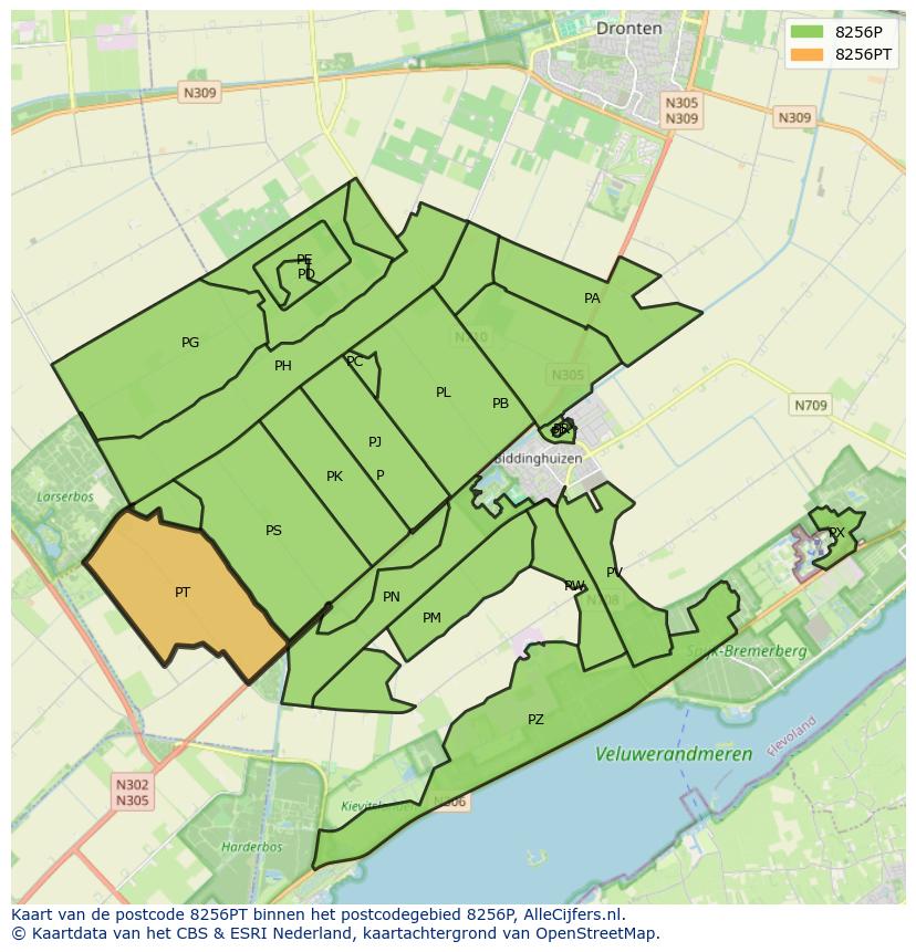Afbeelding van het postcodegebied 8256 PT op de kaart.