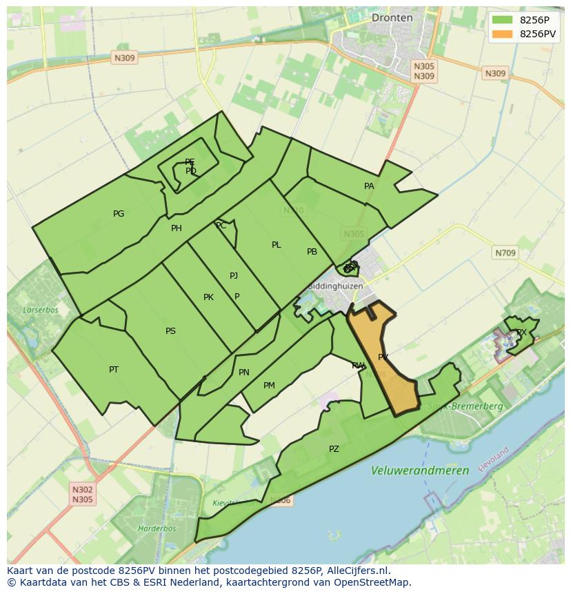 Afbeelding van het postcodegebied 8256 PV op de kaart.