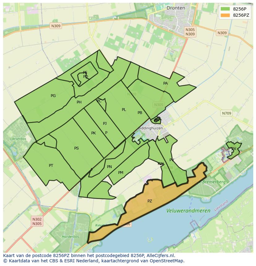 Afbeelding van het postcodegebied 8256 PZ op de kaart.