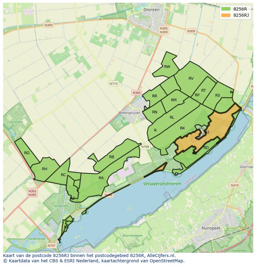 Afbeelding van het postcodegebied 8256 RJ op de kaart.