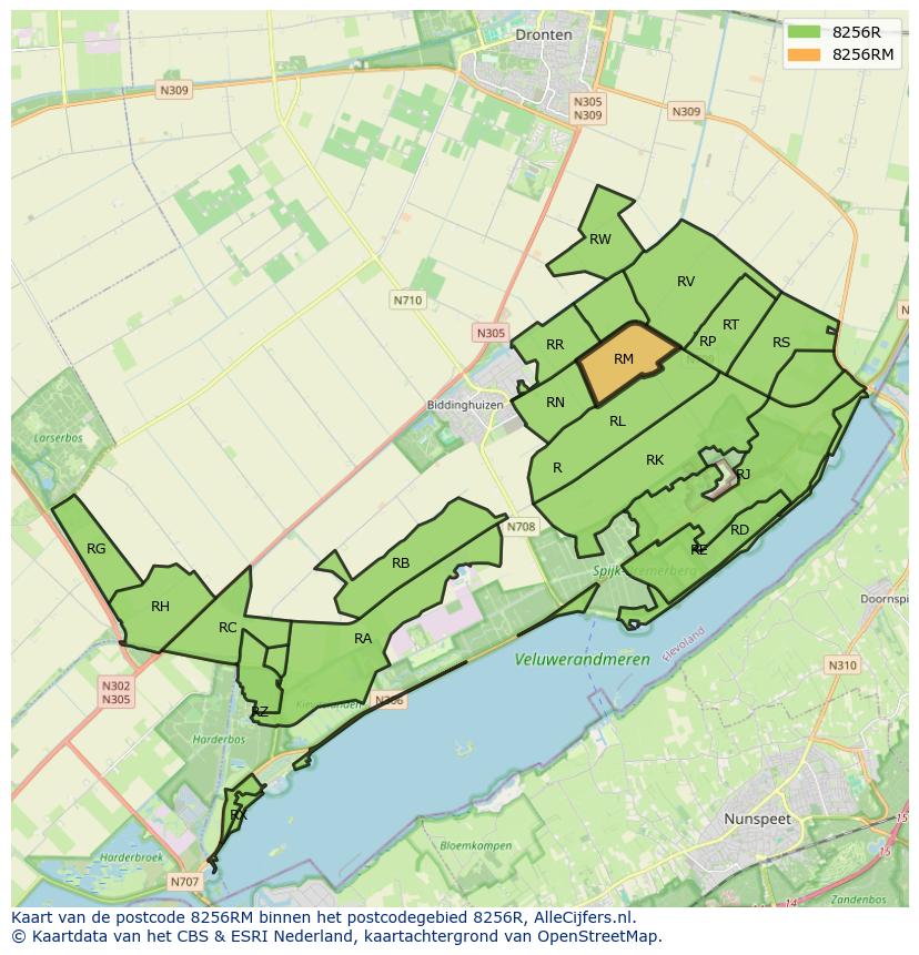 Afbeelding van het postcodegebied 8256 RM op de kaart.