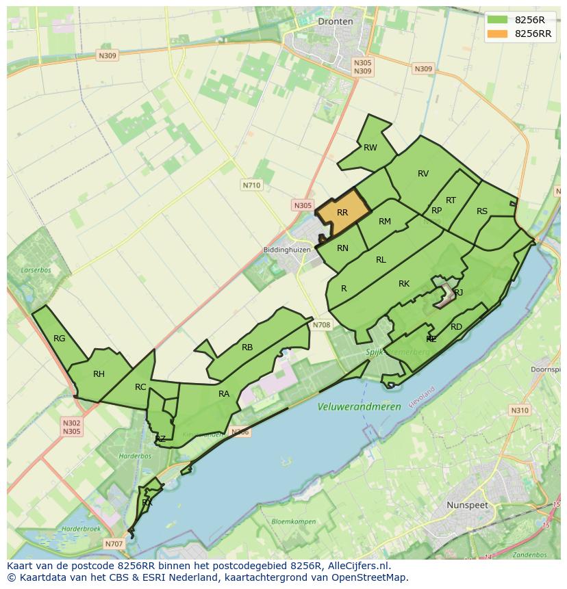 Afbeelding van het postcodegebied 8256 RR op de kaart.
