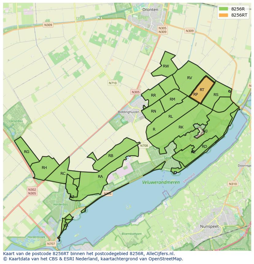 Afbeelding van het postcodegebied 8256 RT op de kaart.